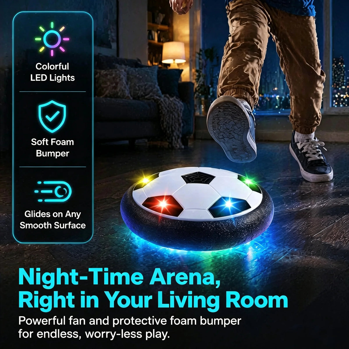 Glow-in-the-Dark Hover Soccer Ball – LED Lights + Powerful Fan + Soft Foam Bumper for Night-Time Indoor/Outdoor Play