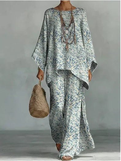 Boho Two Piece Set Summer Women's Loose Patchwork Wide Leg Pants Set Fashion O Neck Pullover Top 2-piece Set Outfit Streetwear