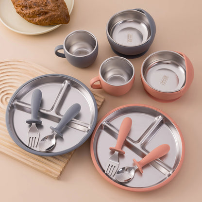 Color Kids 5PCS Baby Feeding Set Stainless Steel Silicone Tableware Sucker Dishes Plate Bowl Training Fork Spoon Infant Cup