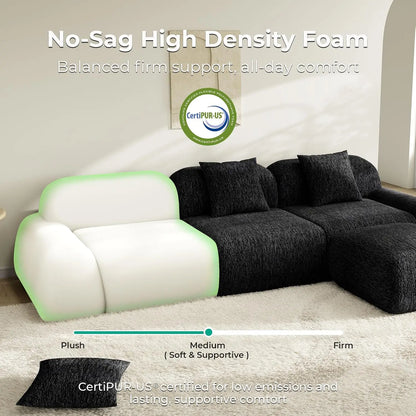 LumiPebble Black Boneless Couch with Ottoman, 110" Modern Deep Seat Sectional Sofa for Living Room, Modular, Customized
