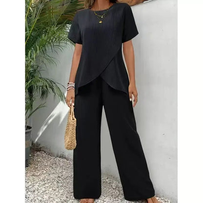 2 pieces women sets 2026 summer short-sleeved irregular round-neck loose top+casual solid color pant sets women's clothing