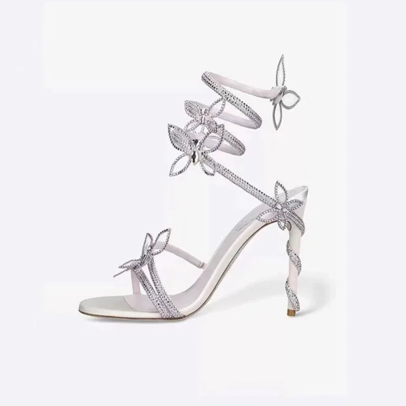 Luxury Crystal Embellished Butterfly Detail Women Sandals Sexy Coiled Strap Thin High Heels Gladiator Sandals Summer Party Shoes