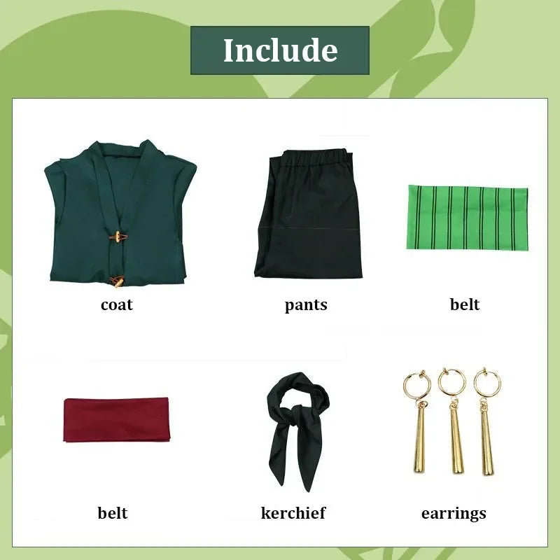 Zoro Cosplay OP Costume Wig Kerchief Eearrings Anime Clothes Kimono Adult Children Christmas Halloween Party Role Playing Outfit