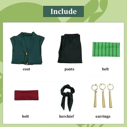 Zoro Cosplay OP Costume Wig Kerchief Eearrings Anime Clothes Kimono Adult Children Christmas Halloween Party Role Playing Outfit