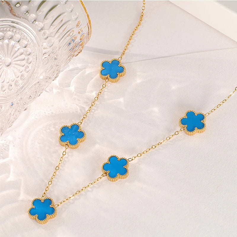 14K Gold Plated Stainless Steel Necklace Woman Five Leaf Petals Double