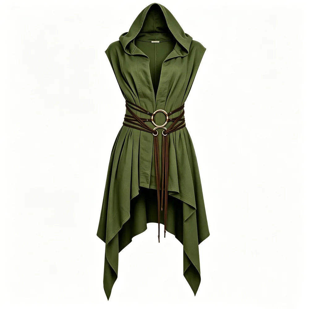 Women Irregular Hem Renaissance Elf Tunic Robe Medieval Ranger Hooded Sleeveless Cloak Belt for LARP Halloween Witch Hunter