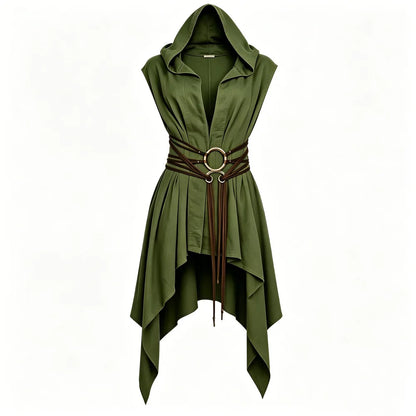 Women Irregular Hem Renaissance Elf Tunic Robe Medieval Ranger Hooded Sleeveless Cloak Belt for LARP Halloween Witch Hunter