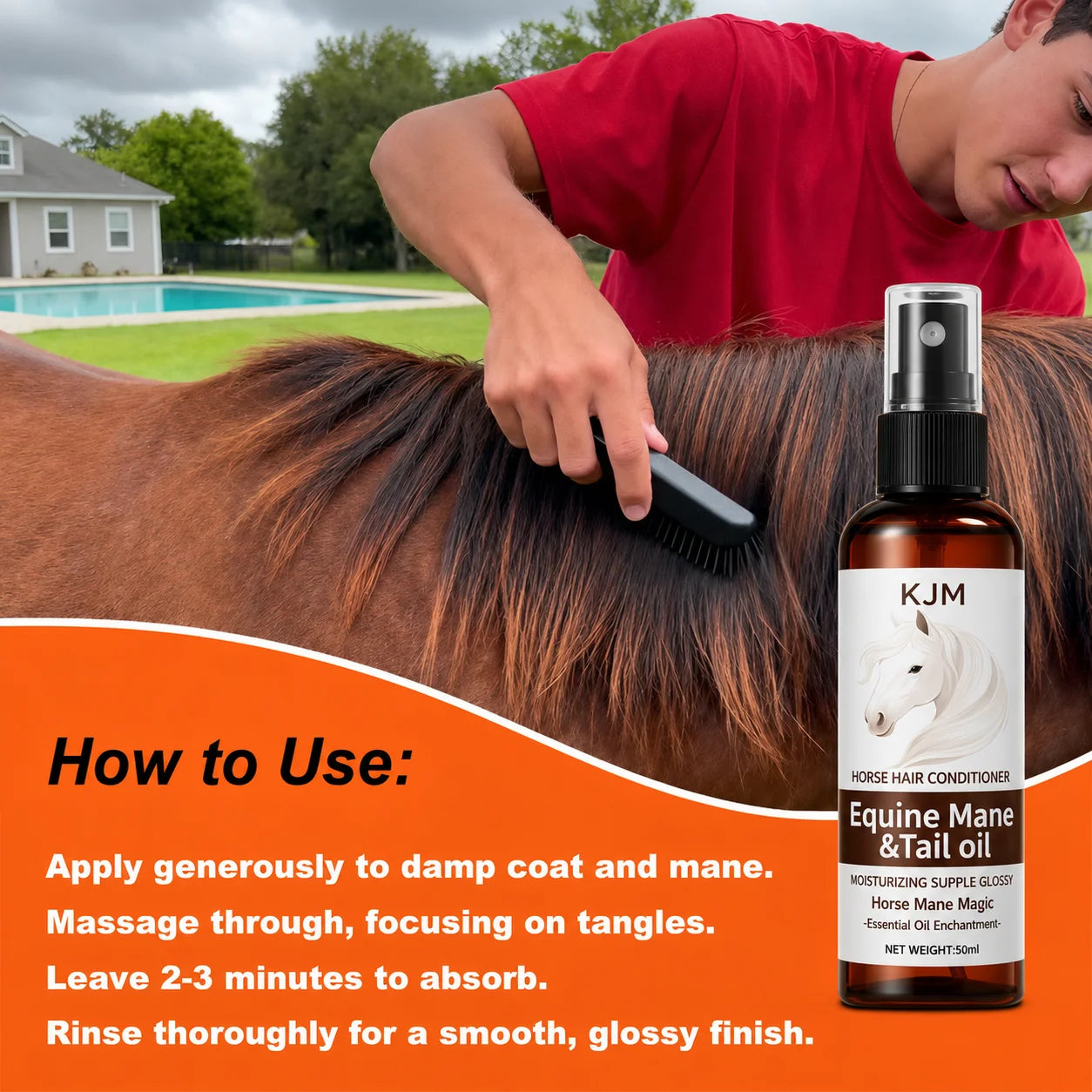 KJM Horse Mane Detangling Spray All Breeds Plant Extract Quick Moist Non Greasy Shiny Equine Daily Groom Spray