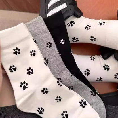 3pairs Cute Dog Claw Printed Women's Cartoon Dog Paw Sock Animal Pattern Soft Sweat Absorbing Breathable Casual Socks for Girls