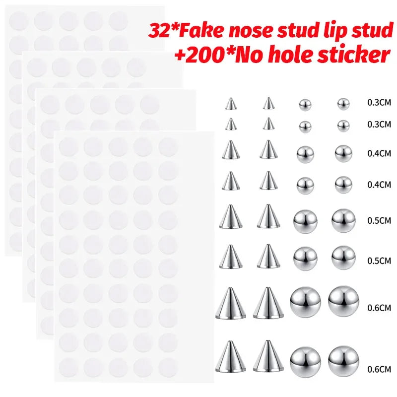 Fake Piercing Stud Set Fake Nose Ring Stud with Sticker Pack Fake Eyebrow Lips Piercing Non Piercied Earring Stud Body Jewelry