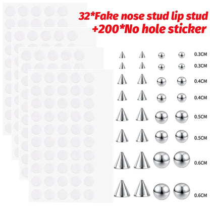Fake Piercing Stud Set Fake Nose Ring Stud with Sticker Pack Fake Eyebrow Lips Piercing Non Piercied Earring Stud Body Jewelry