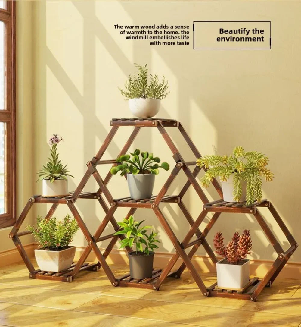 Solid Wood Plant Stand Outdoor for Multiple Plants Carbonized Wood Flower Pot Holder Heavy Duty Load Balcony Garden Home Decor