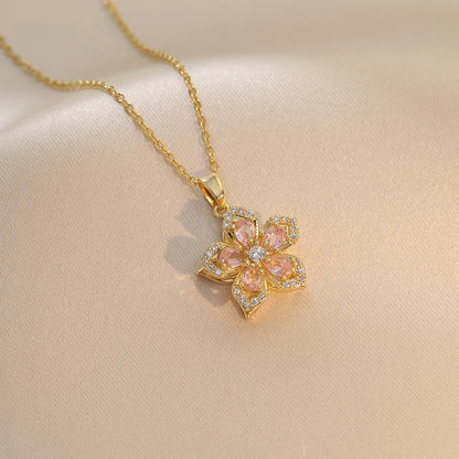 OIMG 316L Stainless Steel Gold Plated Romantic Rotatable Flower Zirconia Pendant Necklace For Women Girls Charm Luxury Jewelry