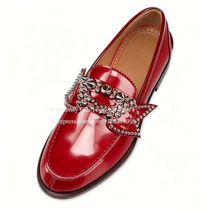 Glossy Silver Spiked Leather No Penny Loafers Men Round Toe Studded Bow Decor Slip on Dress Shoes Party Nightclub Street Shoes