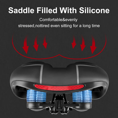Comfort Bicycle Saddle Extra Wide MTB Road Bike Seat with Memory Foam Silicone Gel Cushion, Shock Absorbing Hollow Breathable PU Leather Bike Saddle with Suspension Balls, Rain Cover and Tools for Mountain City Cycling