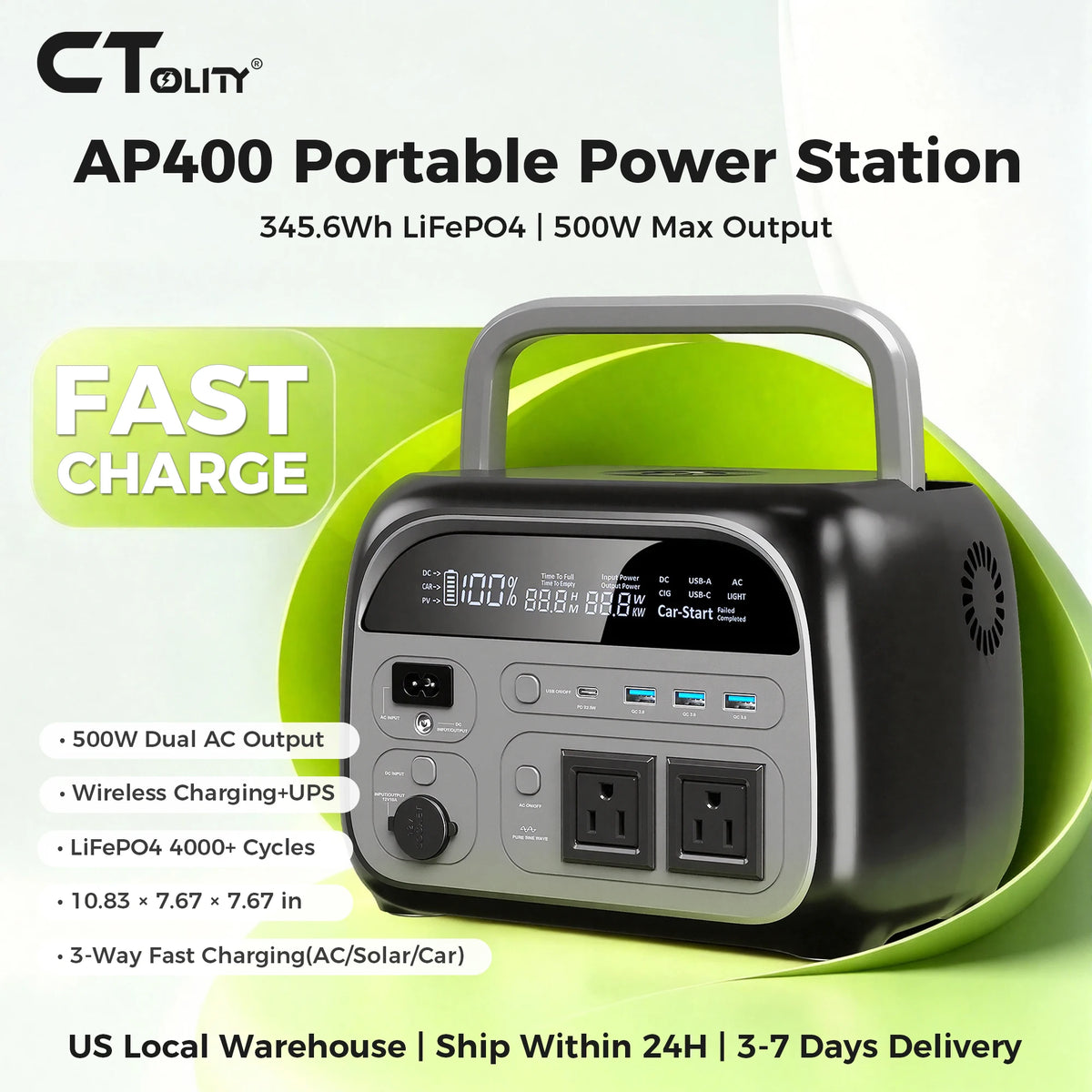 CTOLITY AP400 345.6Wh Portable Power Station 500W Power bank, LiFePO4 Solar Generator with 150W Solar Input, UPS Backup Battery, Wireless Charging, AC/DC/USB Output for Camping Home Emergency