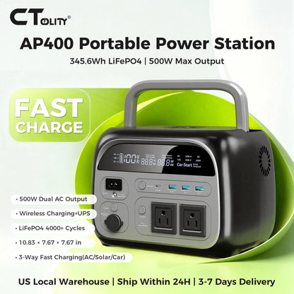 CTOLITY AP400 345.6Wh Portable Power Station 500W Power bank, LiFePO4 Solar Generator with 150W Solar Input, UPS Backup Battery, Wireless Charging, AC/DC/USB Output for Camping Home Emergency
