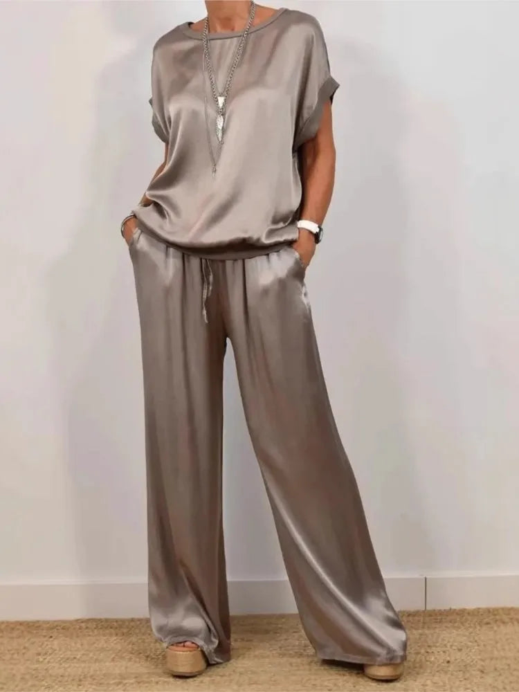 Simple Satin Women's Suits Summer Fashion Short sleeve Loose Blouse Wide Leg Pants Two Piece Set For Women Casual Outfits