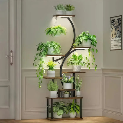 8-Tier Indoor Plant Stand with Grow Lights Multi-Functional Flower Rack for Multiple Plants 2-Tier Metal Stand Irregular Design for Patio Living Room Study Bedroom Gift for Plant Lovers
