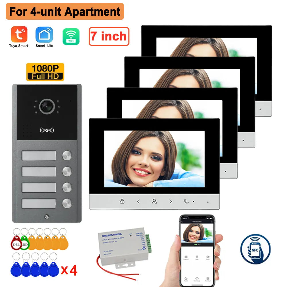 4 Wire 7 inch LCD WiFi Tuya Video Doorphone HD Camera Doorbell Intercom RFIC NFC APP Unlock System 4/6/8/10/12 Unit Apartments