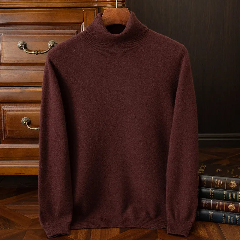 100% cashmere men's pullover business casual solid knitted sweater loose Pull Turtleneck Tops basic Turn down collar Jumper