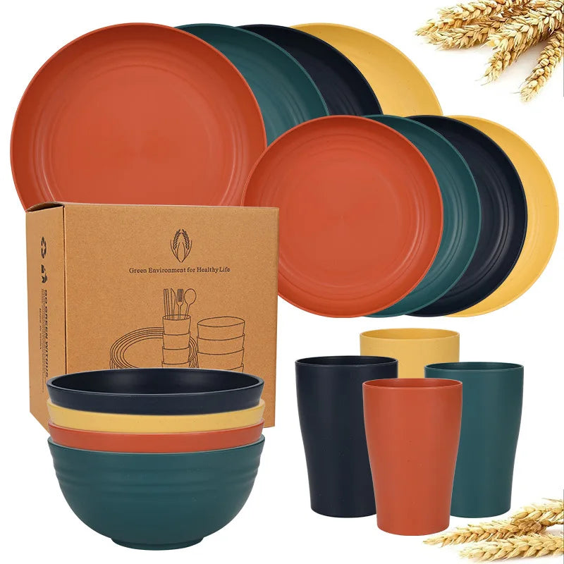 Natural Wheat Straw Tableware Set Dinnerware Sets Biodegradable Unbreakable Plates, Bowls, Cups Lightweight for Kitchen Camping