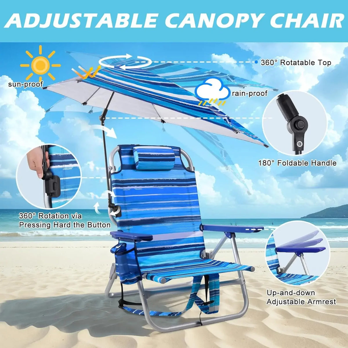 Backpack Beach Chair with Adjustable Umbrella, Folding Lounge Chair for Adults, Includes Cup Holder