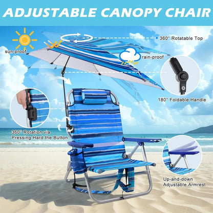 Backpack Beach Chair with Adjustable Umbrella, Folding Lounge Chair for Adults, Includes Cup Holder