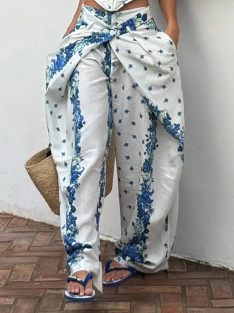 Urban Print Top Pants Women Set Sling Backless Slash Neck Blouse Wide Leg Trousers 2026 Spring Summer Holidays Lady Outfit