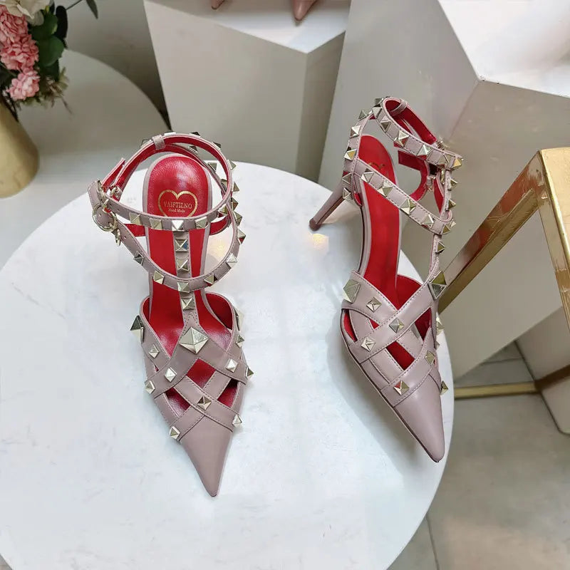 2026 Spring/Summer New High Heel Riveted Sandals Pointed Fine Heel Sandals Riveted Single Shoes