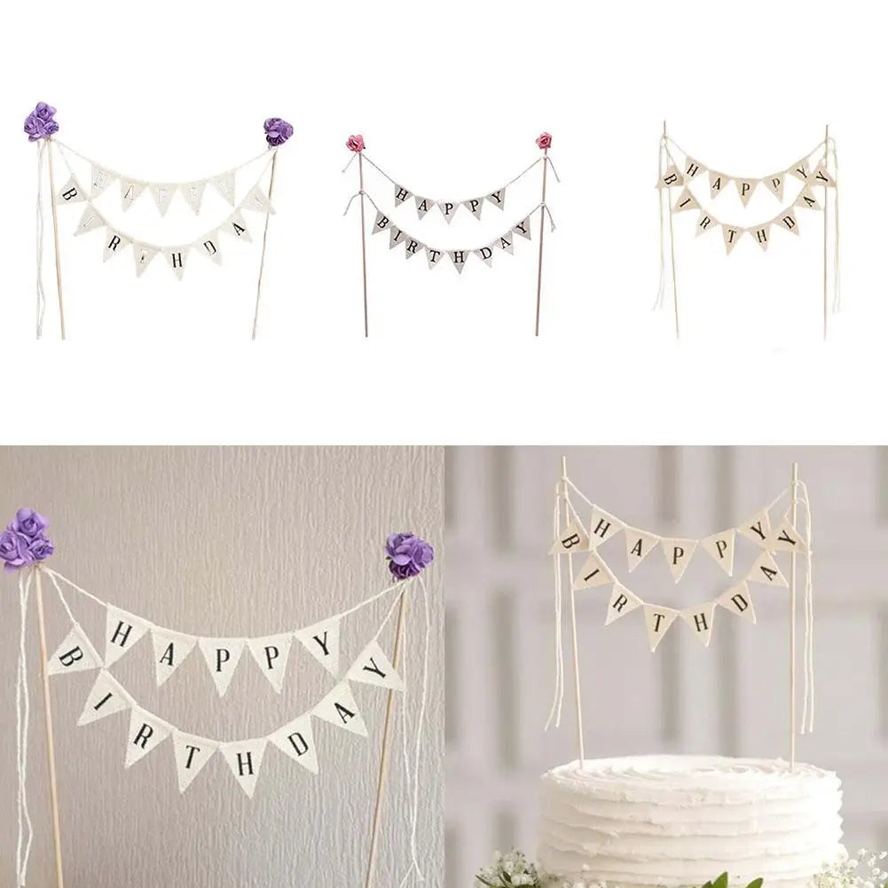 New Birthday Cake Flag Topper Baking Decoration Tools Wood Gadgets Paper Decor Happy Party Birthday Decor With Letter Pattern
