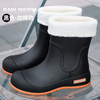 Fashionable women's rain boots for outdoor wear, mid-calf waterproof and anti-slip rubber shoes for kitchen work, water boots