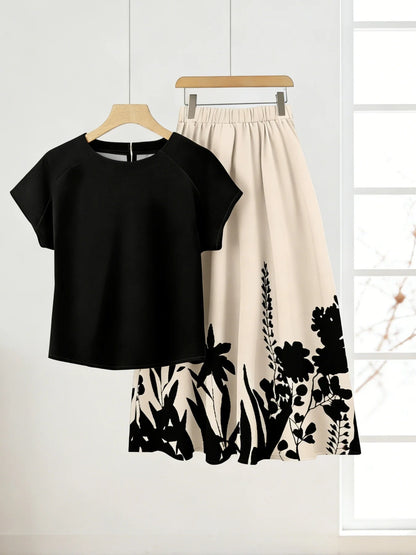 Summer Women's Plus Size Fashionable Loose Black Simple Top, Plant Printed Half Skirt Two-Piece Set, Large Swing Skirt Set