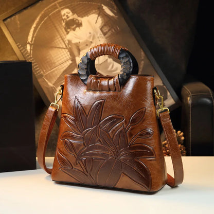 2024 New Women's Retro Oil Wax Leather Large Capacity Single Shoulder Bag Handbag Middle-Aged Ladies Bag Fashion Versatile