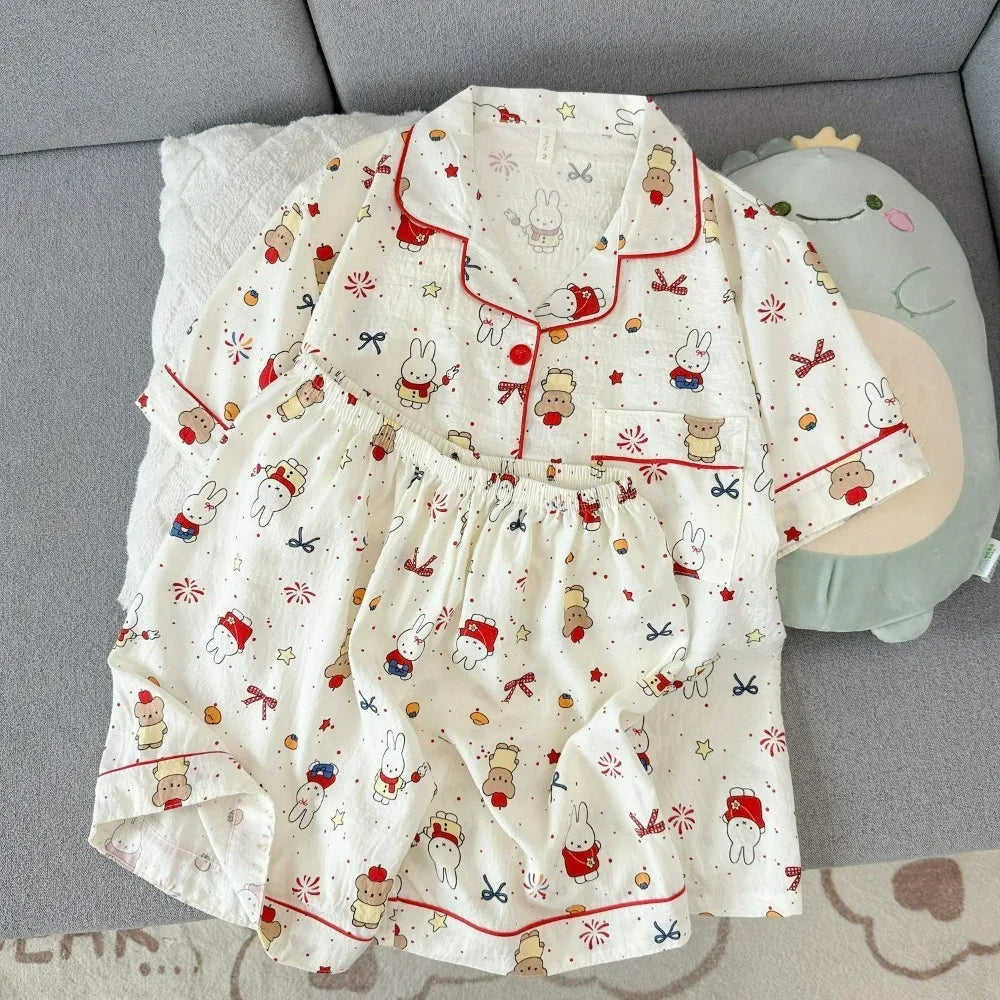 Cute Miffy Women Summer Pajamas Set Short Sleeve Shorts Comfortable Loose Soft Breathable Casual Homewear Loungewear Sleepwear