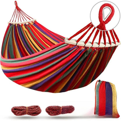 Outdoor Camping Double Canvas Hammock Wooden Curved Stick Anti Tip Swing Hammock Portable Garden Leisure Hammock