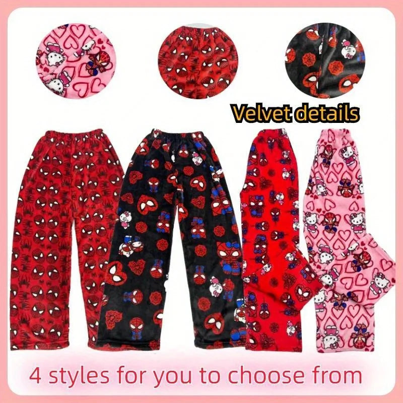Sanrio Hello Kitty Spider-man Cotton Velvet Loose Pajamas Pajamas Long Pants Women's And Men's Cartoon Sleeping Casual Wear