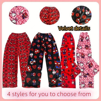 Sanrio Hello Kitty Spider-man Cotton Velvet Loose Pajamas Pajamas Long Pants Women's And Men's Cartoon Sleeping Casual Wear