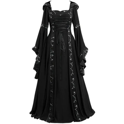 Women Medieval Floor Length Dress Cosplay Costumes Long Bell Sleeve Lace-Up Princess Long Dress Retro Gothic Dress Plus Size 5XL