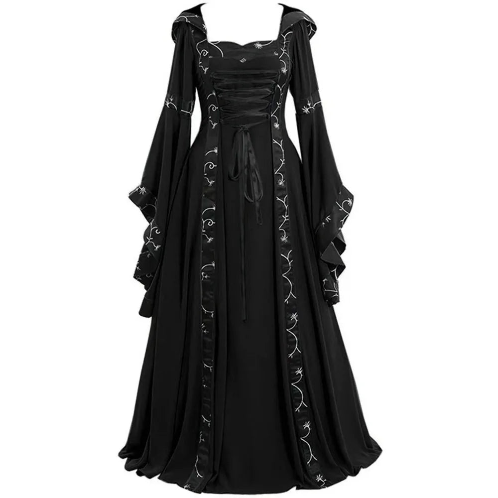 Women Medieval Floor Length Dress Cosplay Costumes Long Bell Sleeve Lace-Up Princess Long Dress Retro Gothic Dress Plus Size 5XL