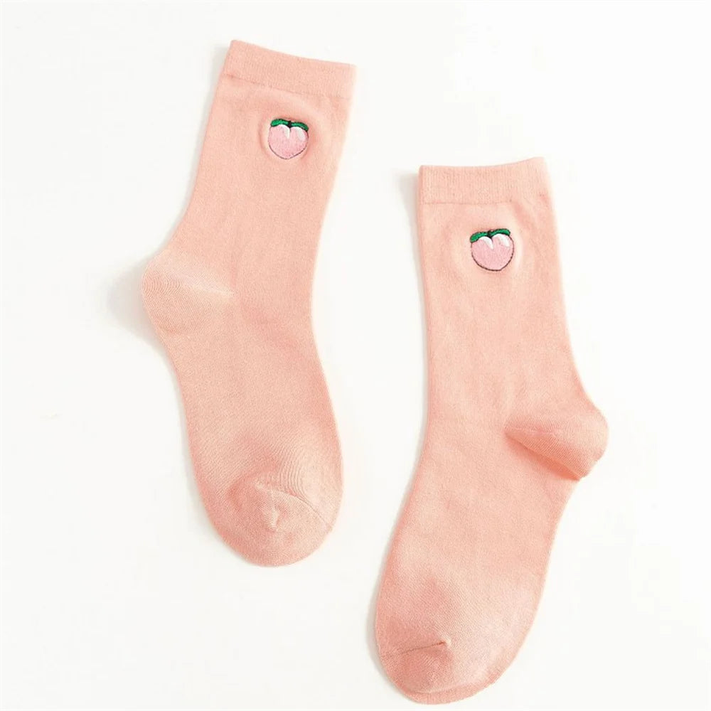 INS Girls Embroidery Cute Cartoon Fruit Avocado Banana Cherry Peach Kiwi Pineapple Socks Japanese Korean Funny Sokken Dropship