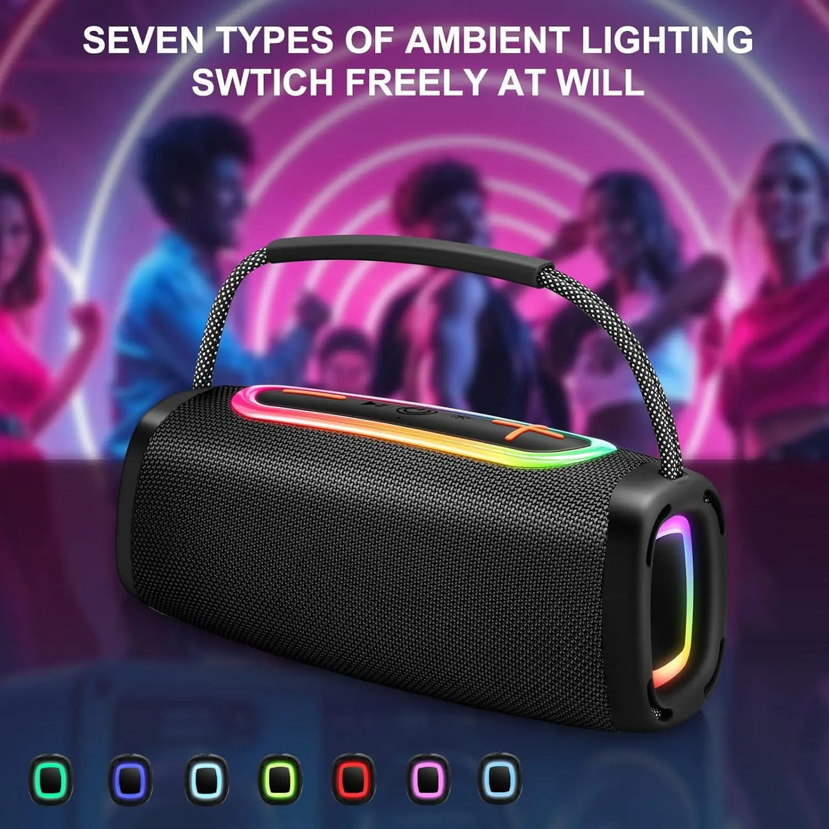 RGB Lights Portable Bluetooth Speaker, IPX7 Waterproof, 24H Playtime, Bluetooth 5.3, Outdoor Wireless Speaker with Hands-Free Mic.