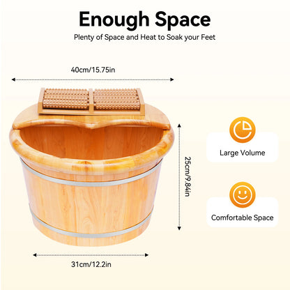 Cedar Wood Foot Spa Bucket with Massage Roller, 30 Min Heat Retention, 12.2 Inch Deep Soak, Natural Foot Bath Tub