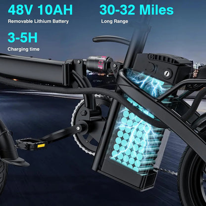 Electric Bike for Adults and Teens, 520W-1200W Motor, 20-28MPH, 32 Miles Range, 48V 10Ah Battery, 3-Level Pedal, Customized