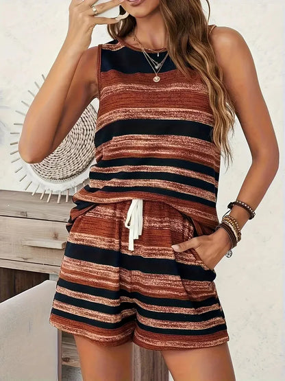 Women's Spring/Summer Fashion Two-Piece Set - Irregular Striped Print Sleeveless T-Shirt + Irregular Striped Print Shorts Set