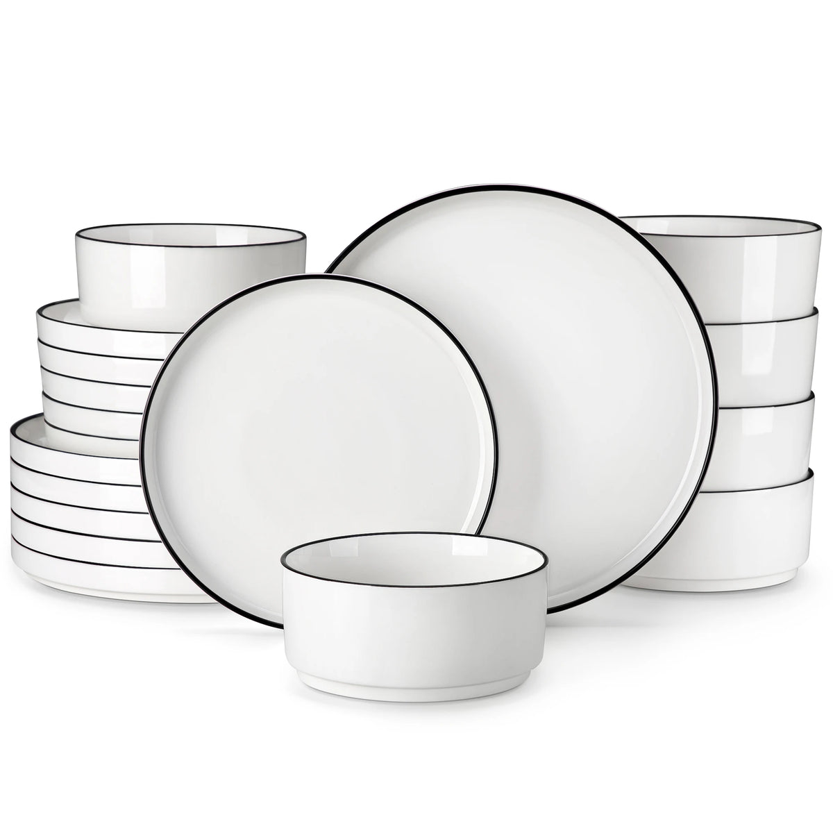MALACASA 12/16/18/24 Piece Dinner Plates Sets Black Rim Half Standing Edge Dinnerware with 4/6PCS Dinner Plate/Dessert/Soup/Bowl
