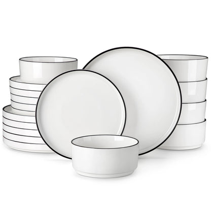 MALACASA 12/16/18/24 Piece Dinner Plates Sets Black Rim Half Standing Edge Dinnerware with 4/6PCS Dinner Plate/Dessert/Soup/Bowl