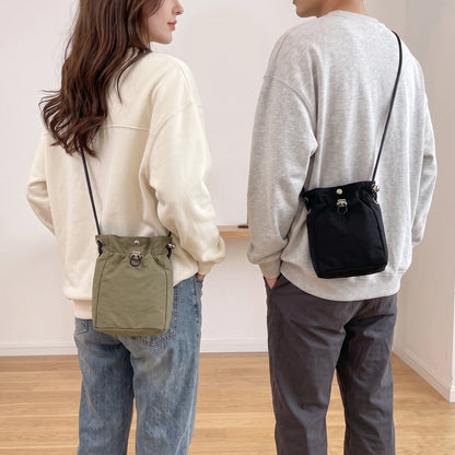 Unisex Lightweight Waterproof Nylon Drawstring Crossbody Bag Mini Dual Closure Adjustable Phone Shoulder Purse Travel Sling Bag