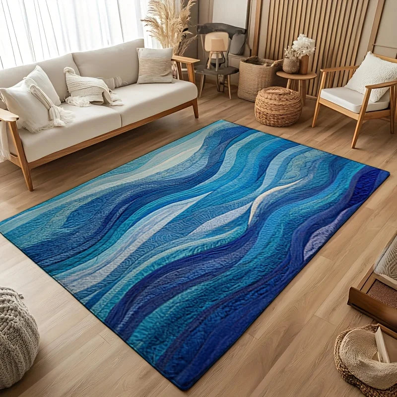 Rich Blue Wavy Pattern Bath Mat, Machine Washable Non-Slip Rug, Ideal for Bathroom Kitchen Entryway, Perfect Housewarming Gift