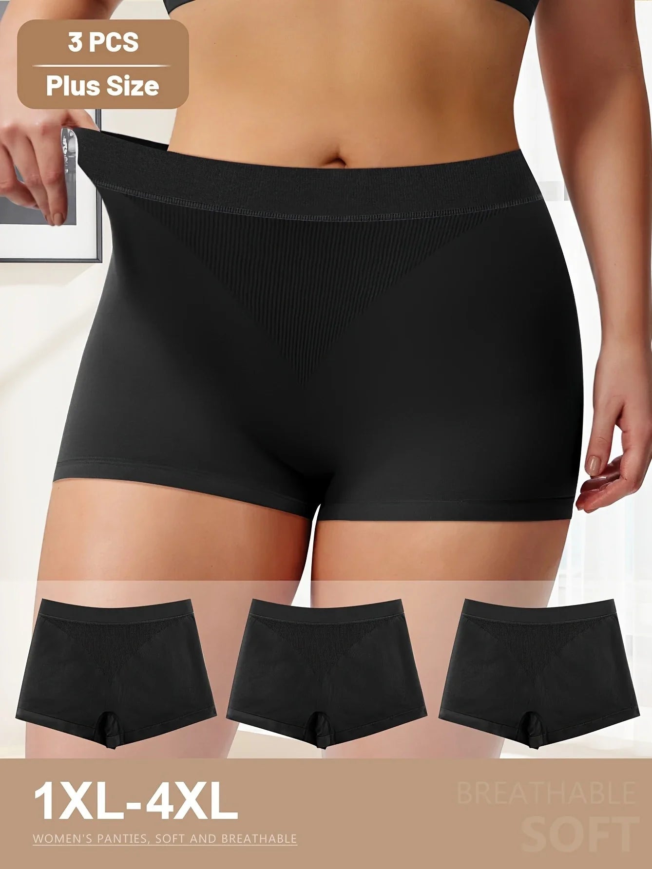 3pcs Plus Size Mid-Rise Seamless Panties Butt Lifter Solid Color Briefs